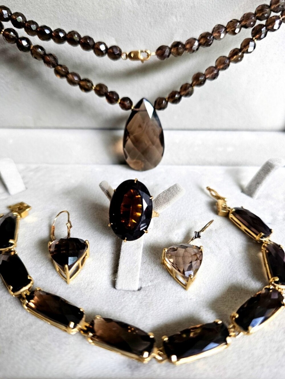 14k 10k & 9k Gold Smoky Quartz Earrings, Ring, Necklace, Bracelet Jewelry Set